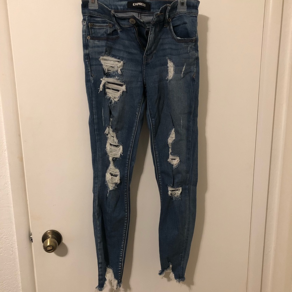 Express Distressed, Stretch/Ankle Cropped Jeans - image 1
